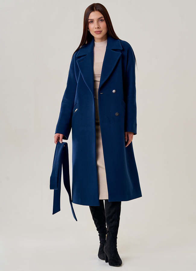 Длинное женское пальто в синем цвете модель № 22944 в рассрочку