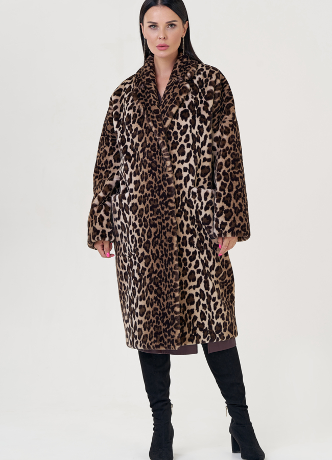 Женское пальто из искуссвенного меха с английским воротником модель № 23183 меха малина