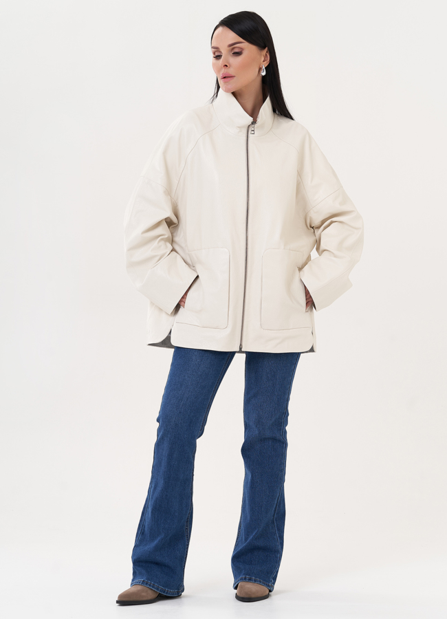 фото Удлиненная куртка из натуральной кожи белого цвета модель № 27139 фото Удлиненная куртка из натуральной кожи белого цвета модель № 27139