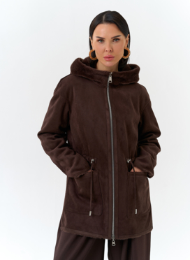 Двухсторонняя дубленка из эко замши с капюшоном