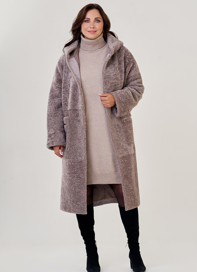 фото Шуба из овчины в сером цвете с капюшоном модель № 23212