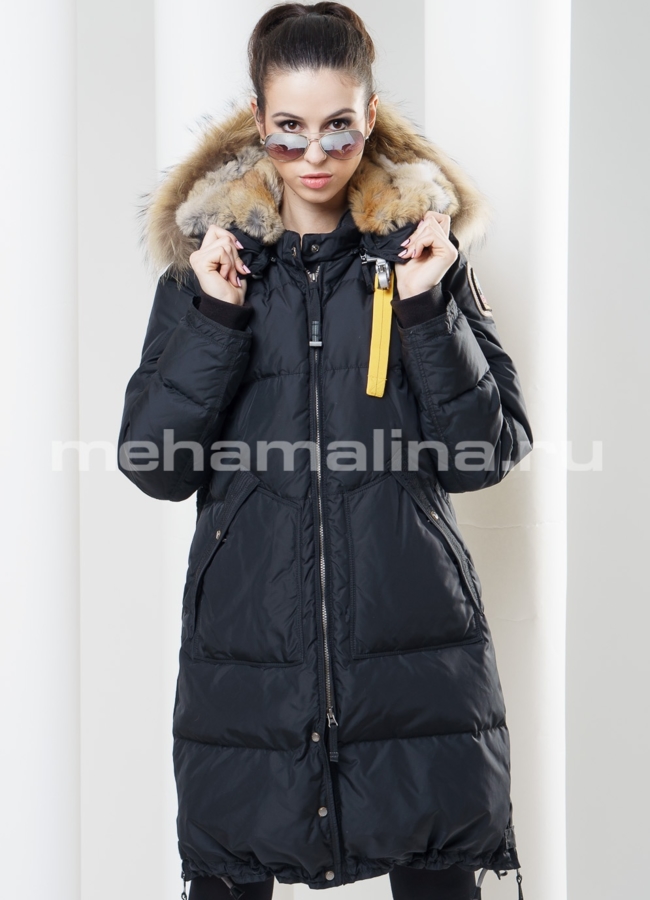 Черный пуховик с капюшоном модель № П-48 меха малина