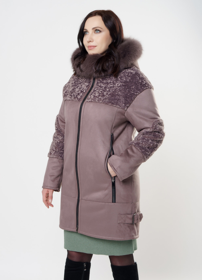 Дубленка из эко кожи с капюшоном модель № 82005 меха малина