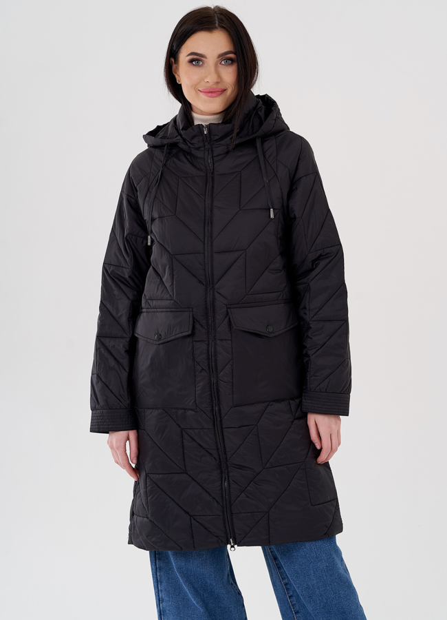 Женское полупальто с капюшоном черного цвета  модель № 24332 в рассрочку