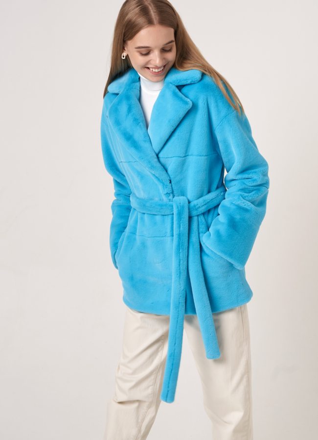 фото Укороченная эко шуба под норку бирюзового цвета модель № 812