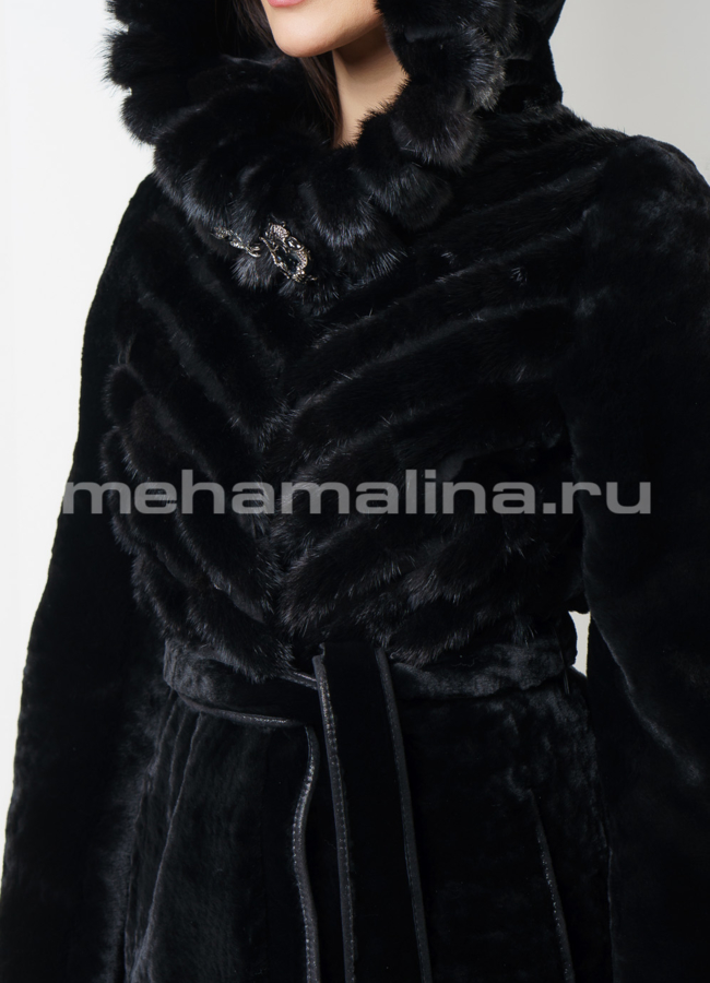 Шуба из мутона с капюшоном модель № S-566 универмаг малина