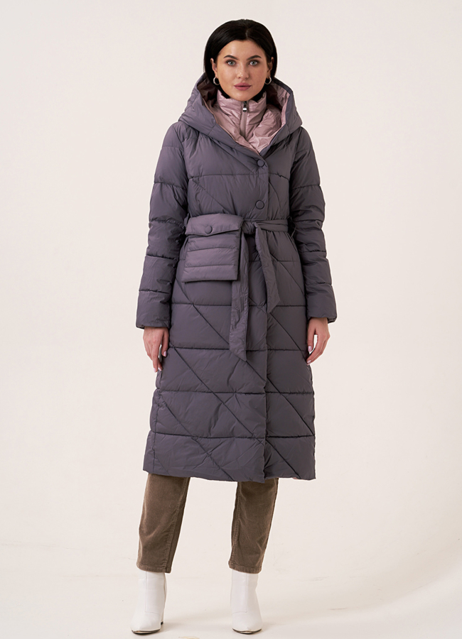 Пуховик на био пухе с капюшоном  модель № 110119 меха малина