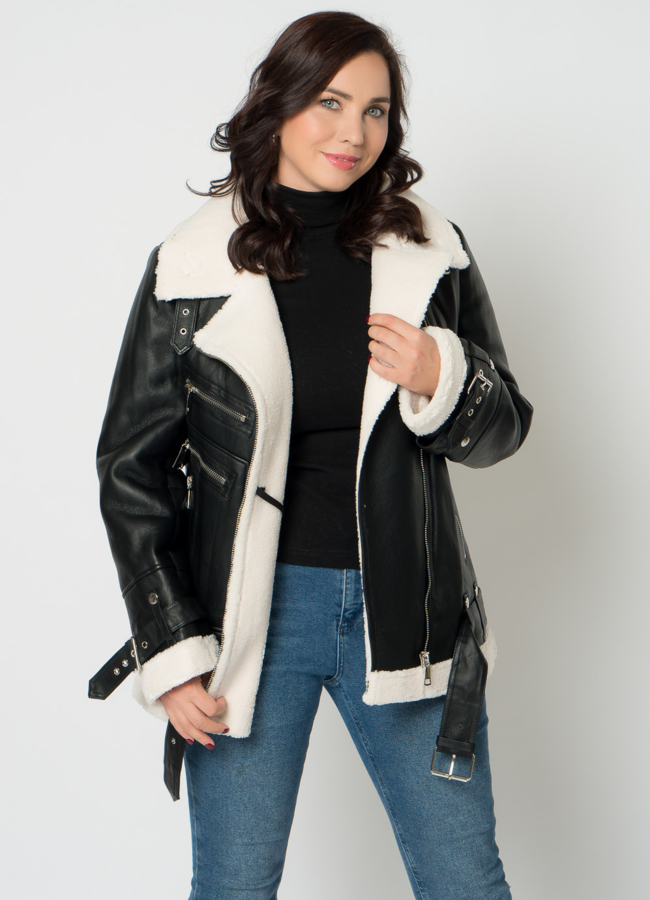 Дубленка пилот из эко кожи в черном цвете модель № 18284 универмаг малина