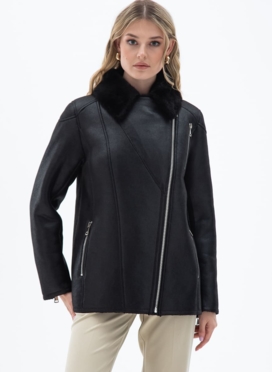 Женская дубленка из эко кожи с отделкой из эко меха