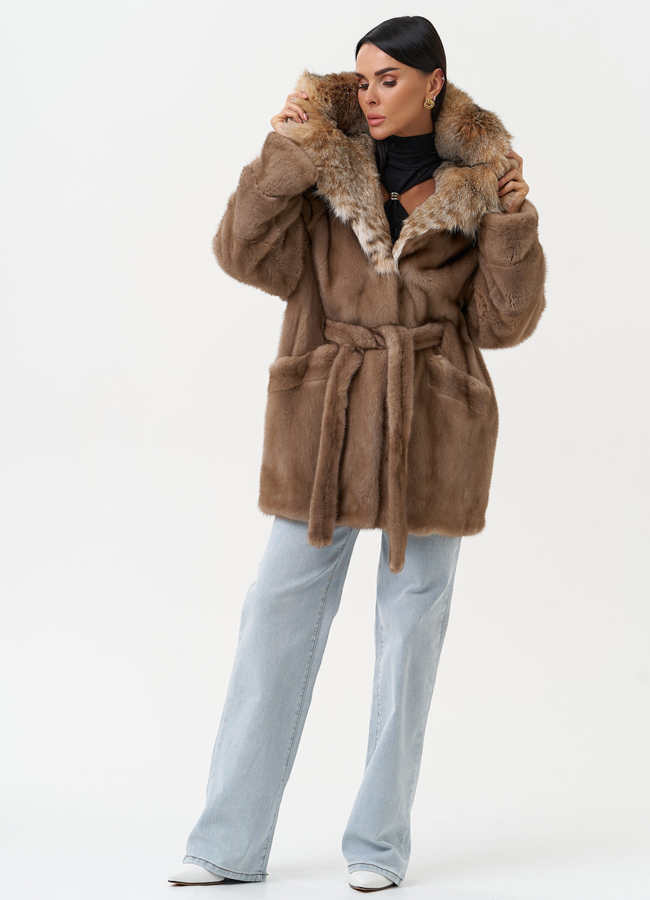 Женская шуба из меха норки с капюшоном из меха рыси модель № 31165 универмаг малина