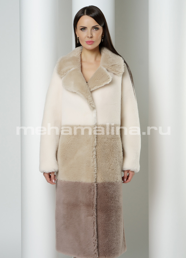 фото Меховое пальто с английским воротником на кнопках модель № 8802
