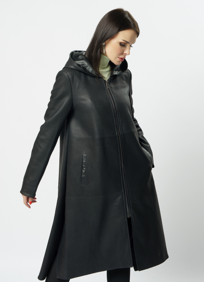 Пальто с капюшоном из натуральной кожи  модель № 10711 универмаг малина