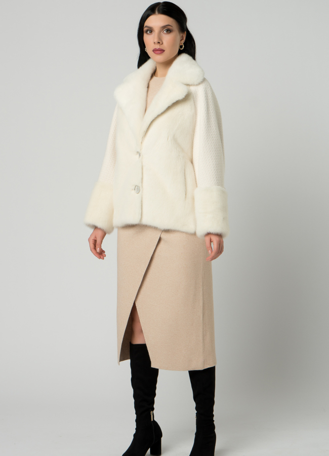 фото Кардиган белого цвета с отделкой из норки модель № 21858