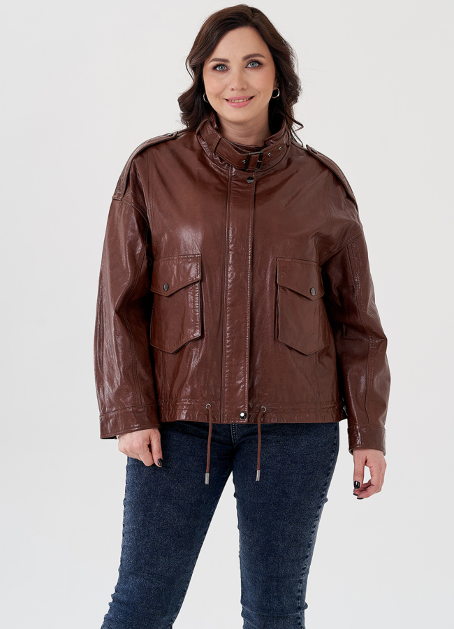 Куртка из натуральной кожи коричневого цвета модель № 24095 меха малина