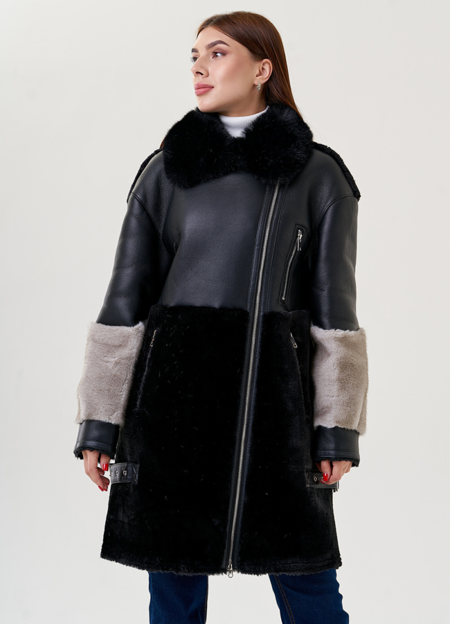 Комбинированная дубленка из искусственной кожи модель № 79313 универмаг малина