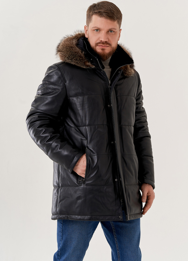 Мужской пуховик из натуральной кожи с капюшоном  модель № 79619 меха малина