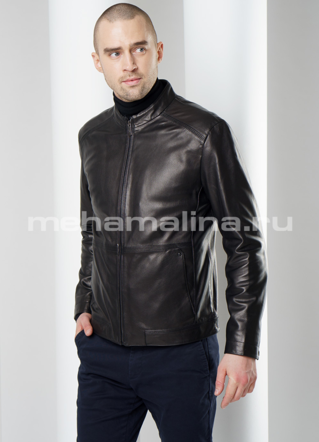 Черная кожаная куртка модель № KP-217 меха малина