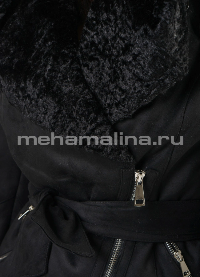 Дубленка эко черного цвета на молнии с капюшоном модель № 9196 в рассрочку