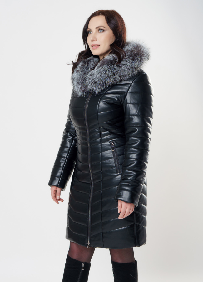 Пуховик из эко кожи с чернобуркой модель № 82059 в кредит