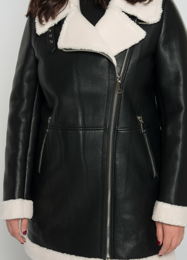 Удлиненная дубленка пилот из эко кожи в черном цвете модель № 21696 универмаг малина