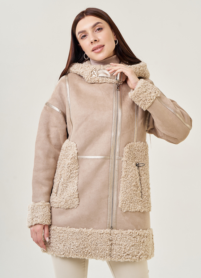 Женская искусственная дубленка с капюшоном модель № 23072 меха малина