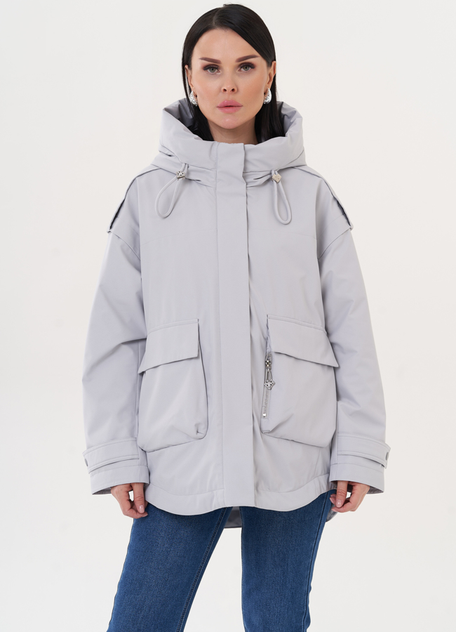 Женская куртка с капюшоном серого цвета модель № 27006 меха малина