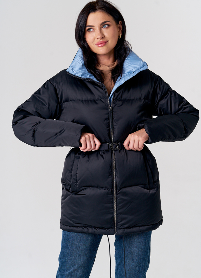 Пуховик женский с воротником стойкой в черном цвете модель № 21570 в рассрочку