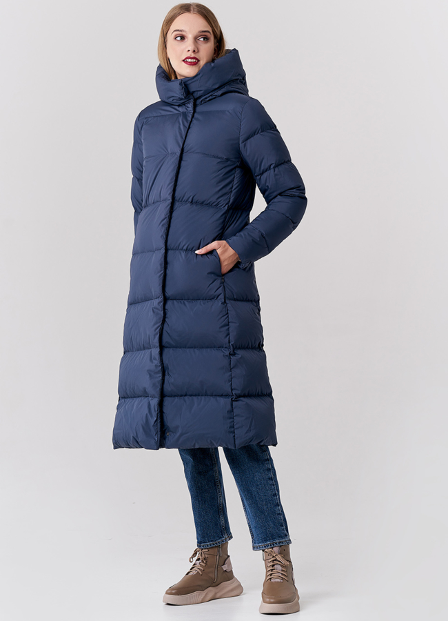 фото Женский пуховик синего цвета цвета с капюшоном модель № 21894