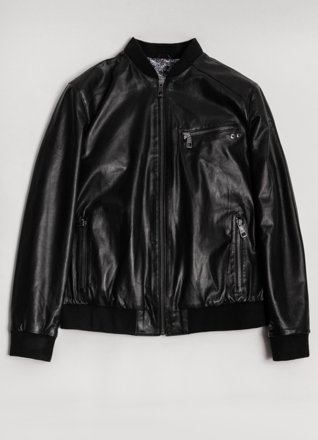 Куртка кожаная черного цвета модель № C-123 меха малина