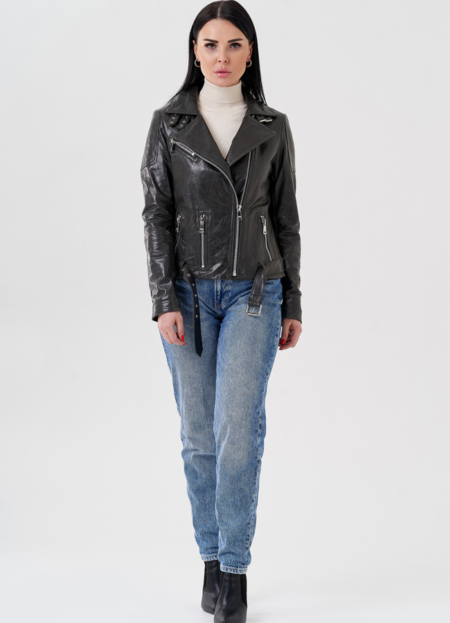 фото Женская куртка - косуха из натуральной кожи серого цвета  модель № 24121