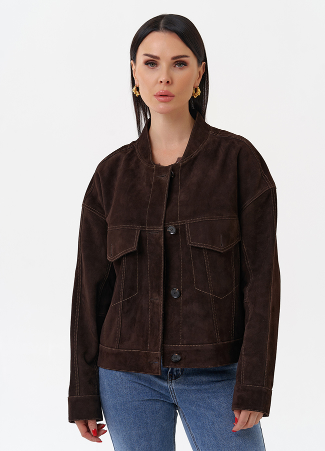 Куртка из замши коричневого цвета модель № 29927 меха малина Куртка из замши коричневого цвета модель № 29927 меха малина