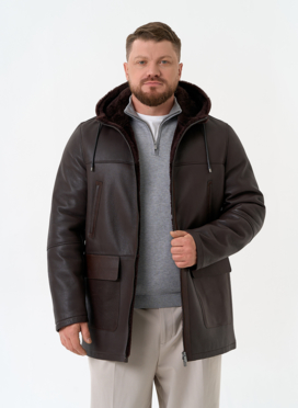 Мужская натуральная дубленка с капюшоном