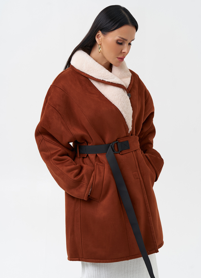 Женская дубленка из эко кожи модель № 28527 универмаг малина