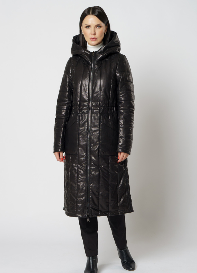 Пальто из натуральной кожи черного цвета с капюшоном 2 в 1 модель № 18233 универмаг малина