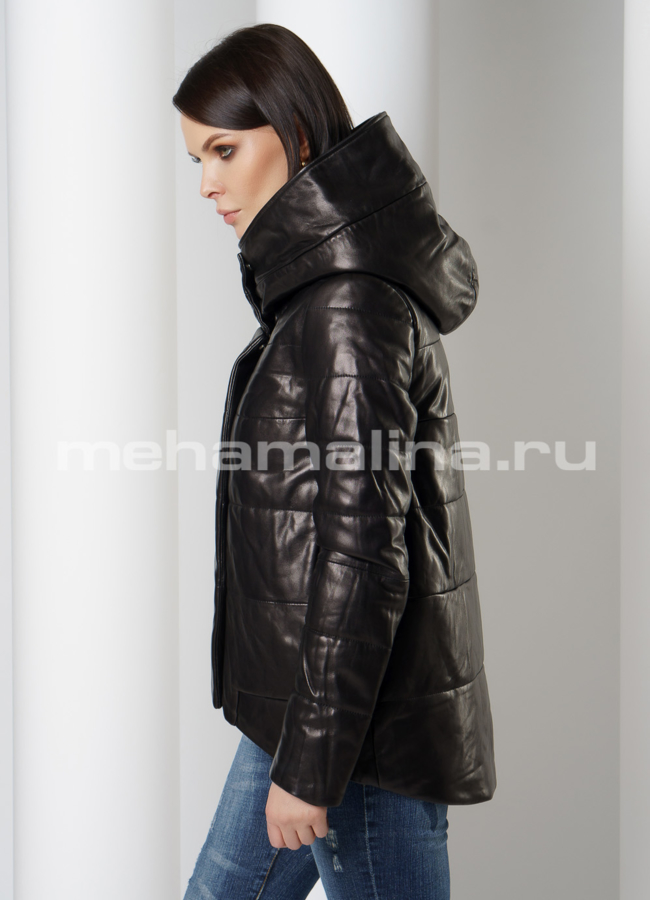 Кожаная куртка с капюшоном на молнии модель № 18234 в рассрочку