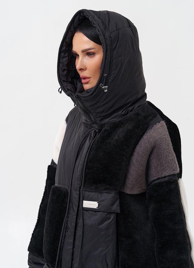 Комбинированный женский пуховик с капюшоном модель № 28373 универмаг малина