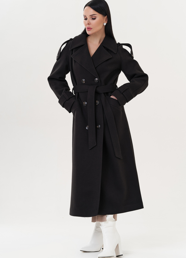 Женское двубортное пальто в черном цвете модель № 26241 в рассрочку