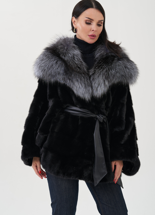 Шуба из норки с капюшоном из чернобурки модель № 24731 универмаг малина