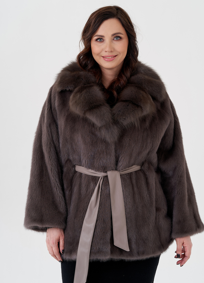 Укороченная шуба из норки под пояс модель № 23979 меха малина