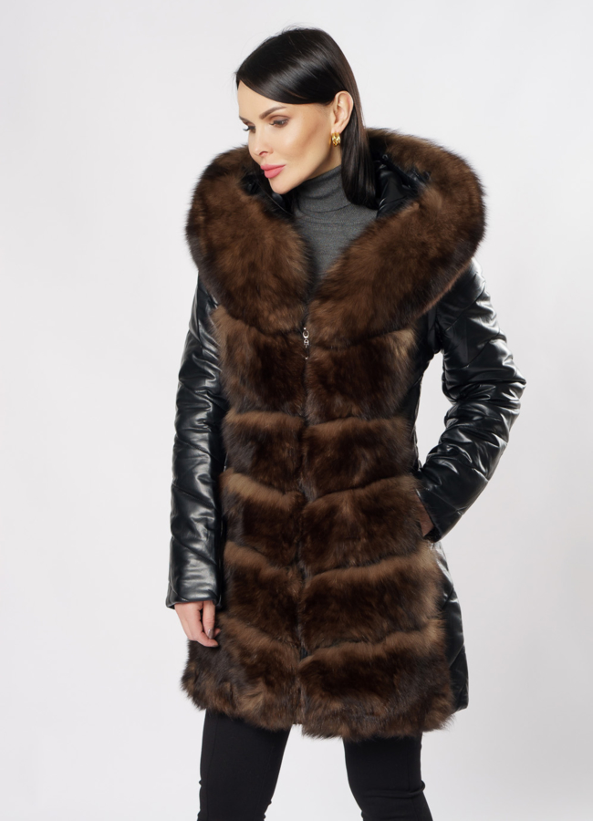 Пуховик трансформер из эко кожи черного цвета модель № 19244 в рассрочку