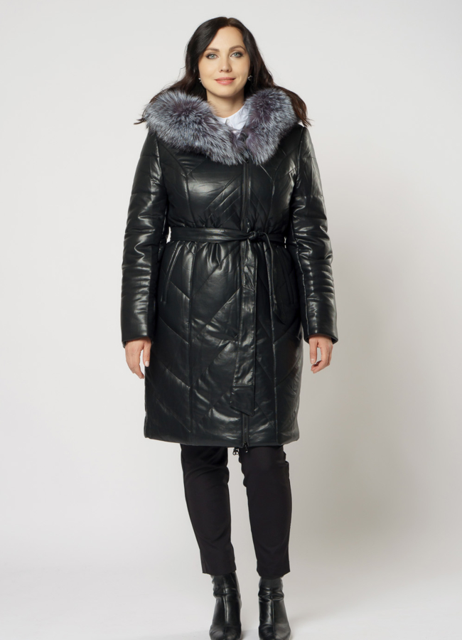 Черный пуховик с чернобуркой из эко кожи модель № 18257 в кредит