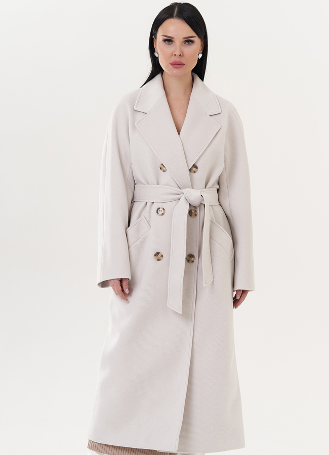 Женское длинное пальто кремового цвета модель № 26425 меха малина