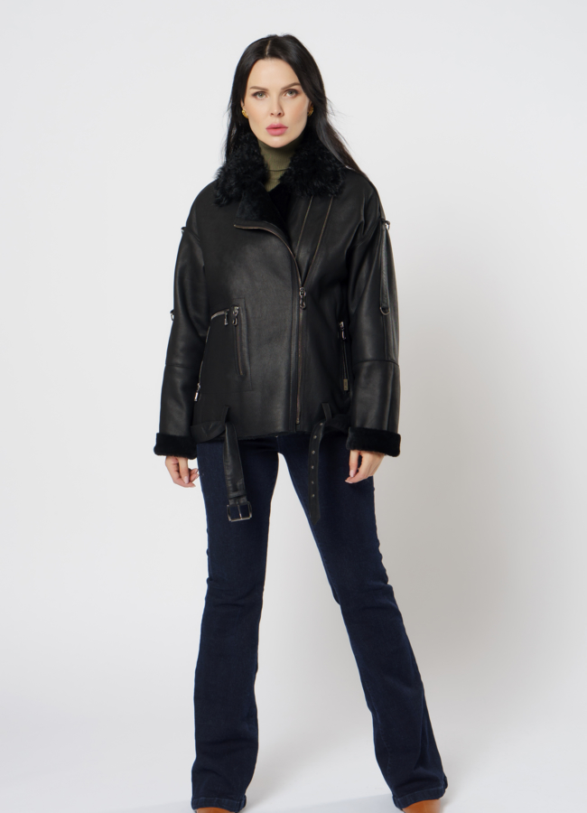фото Женская дубленка из овчины черного цвета модель № 25136