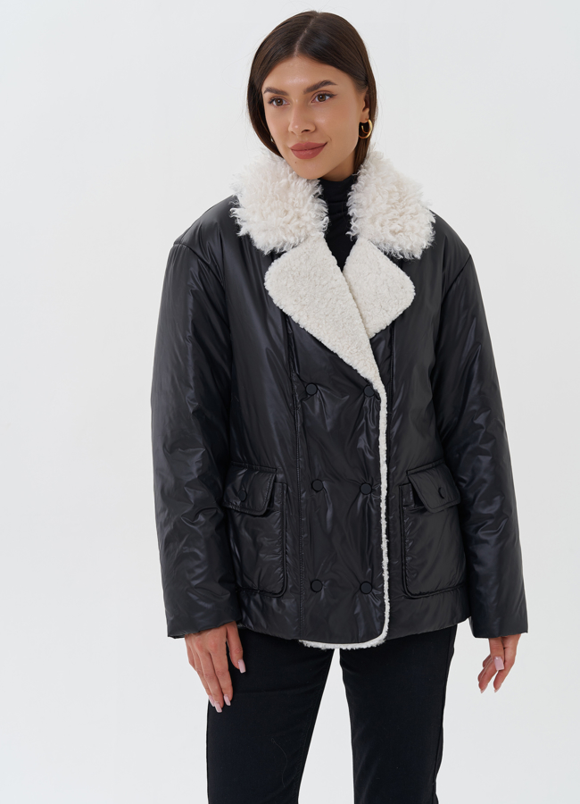 Утепленная куртка с воротником из эко меха модель № 27658 меха малина