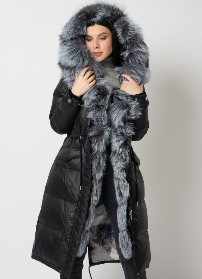 Парка - пуховик с мехом чернобурки модель № 75732 меха малина