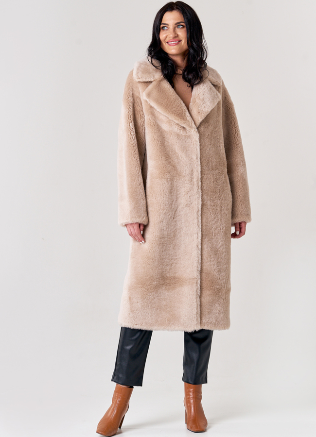 Пальто из шерсти в бежевом цвете модель № 21146 меха малина