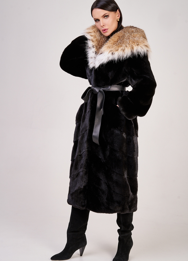 Норковая шуба с капюшоном из рыси модель № S-845 меха малина