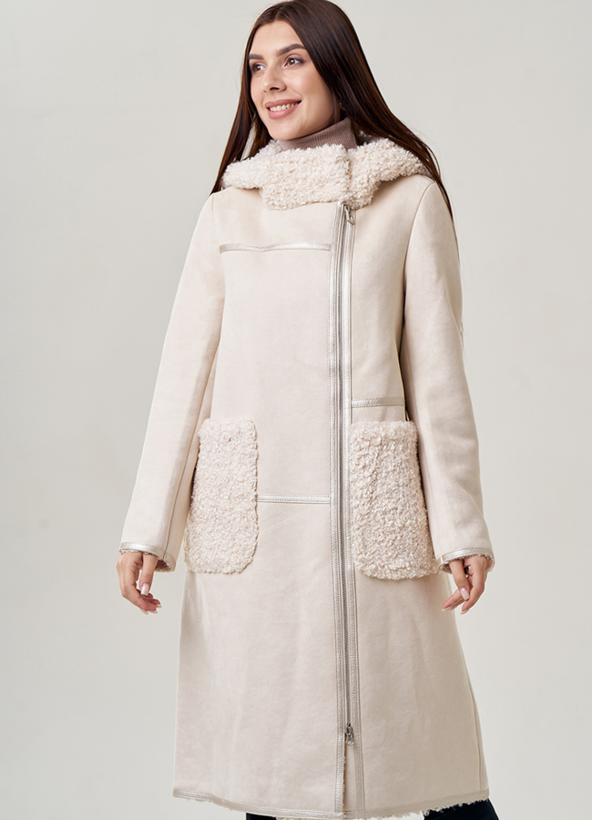 Длинная женская дубленка с капюшоном модель № 23070 универмаг малина