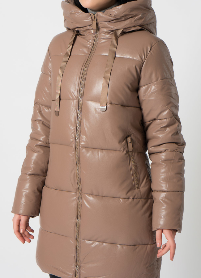 Пуховик из эко кожи с капюшоном модель № 2123 в рассрочку