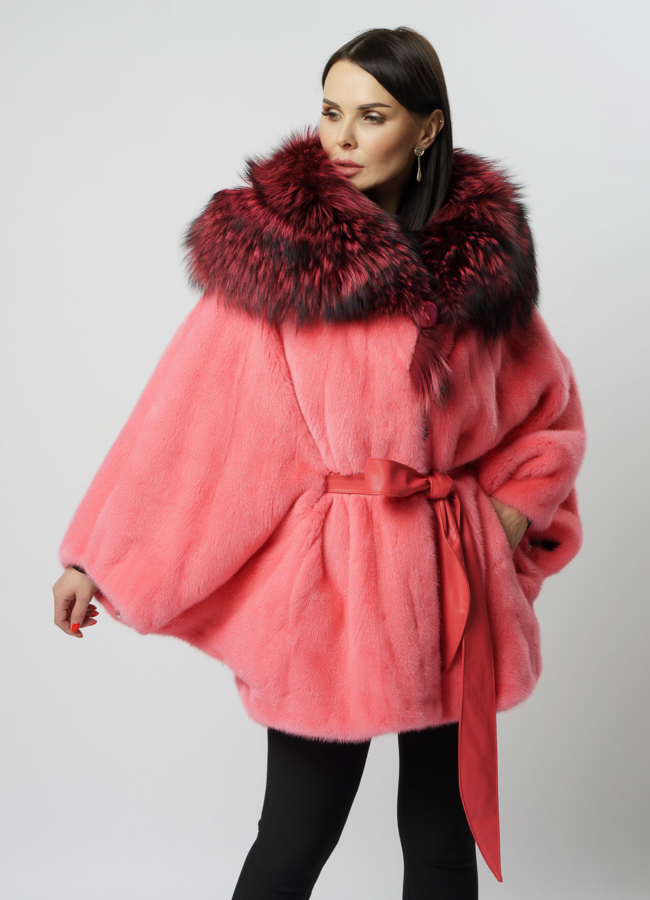 Укороченная норковая шуба с капюшоном в розовом цвете модель № 2012-8 универмаг малина
